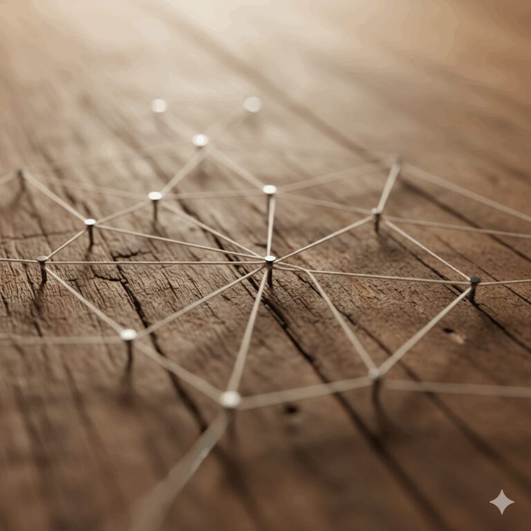Close up of a string art network on aged wooden board, shallow depth of field, minimalist, rustic, natural light, warm tones, high angle shot.